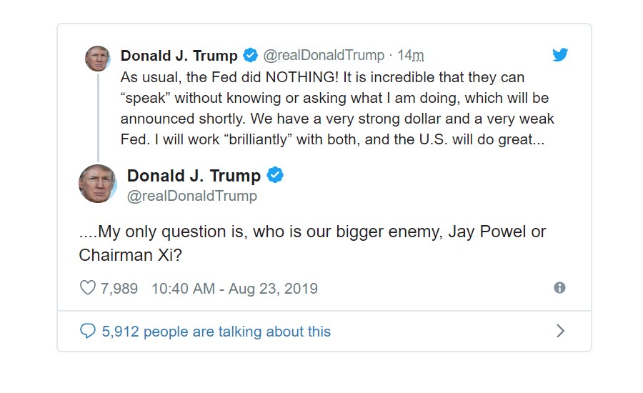 President Trump tweet to Federal Reserve